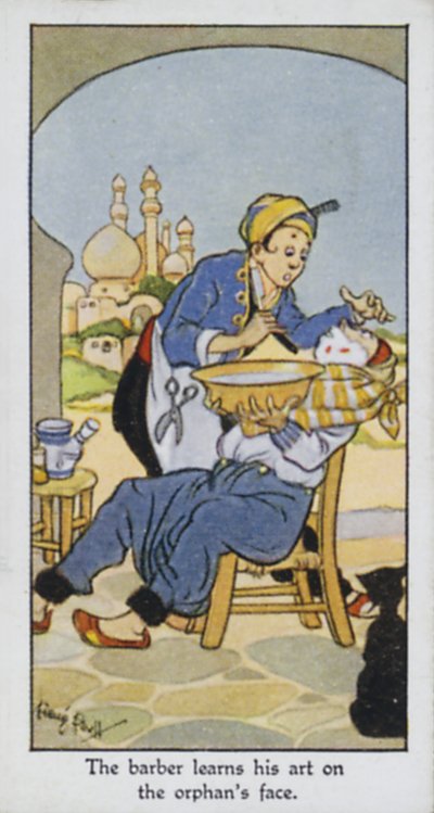 The barber learns his art on the orphan